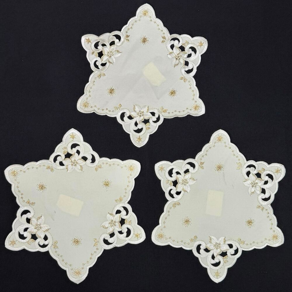 Set 3 German Embroidered Christmas Doilies Star Shaped Gold Thread 9” Table Mats